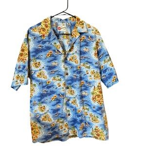 Hilo Hatties Hawaiian shirt men L blue short sleeve cotton luau tiki ocean